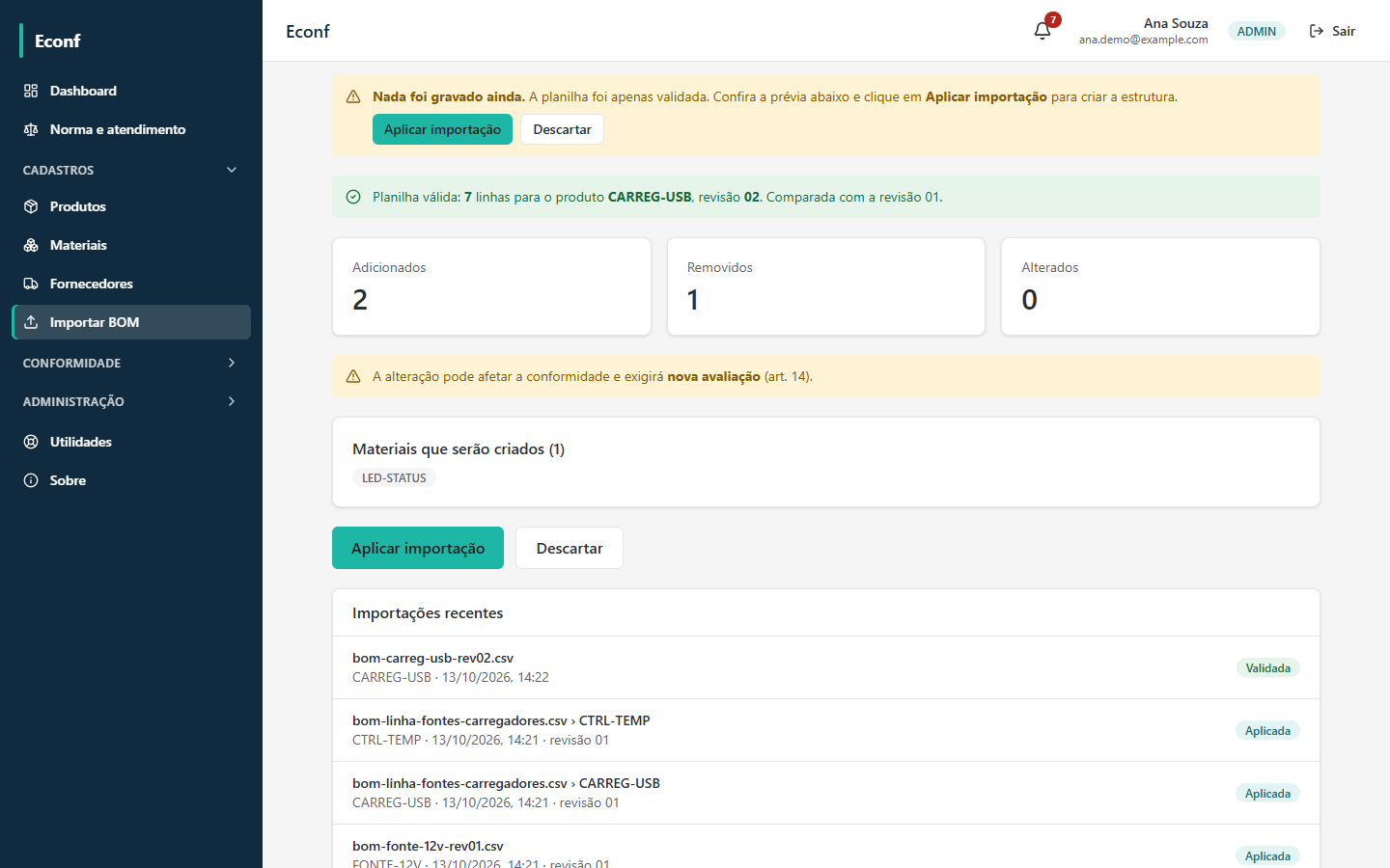 Prévia da importação de uma estrutura, com itens adicionados, removidos e alterados e o aviso de que nada foi gravado ainda.
