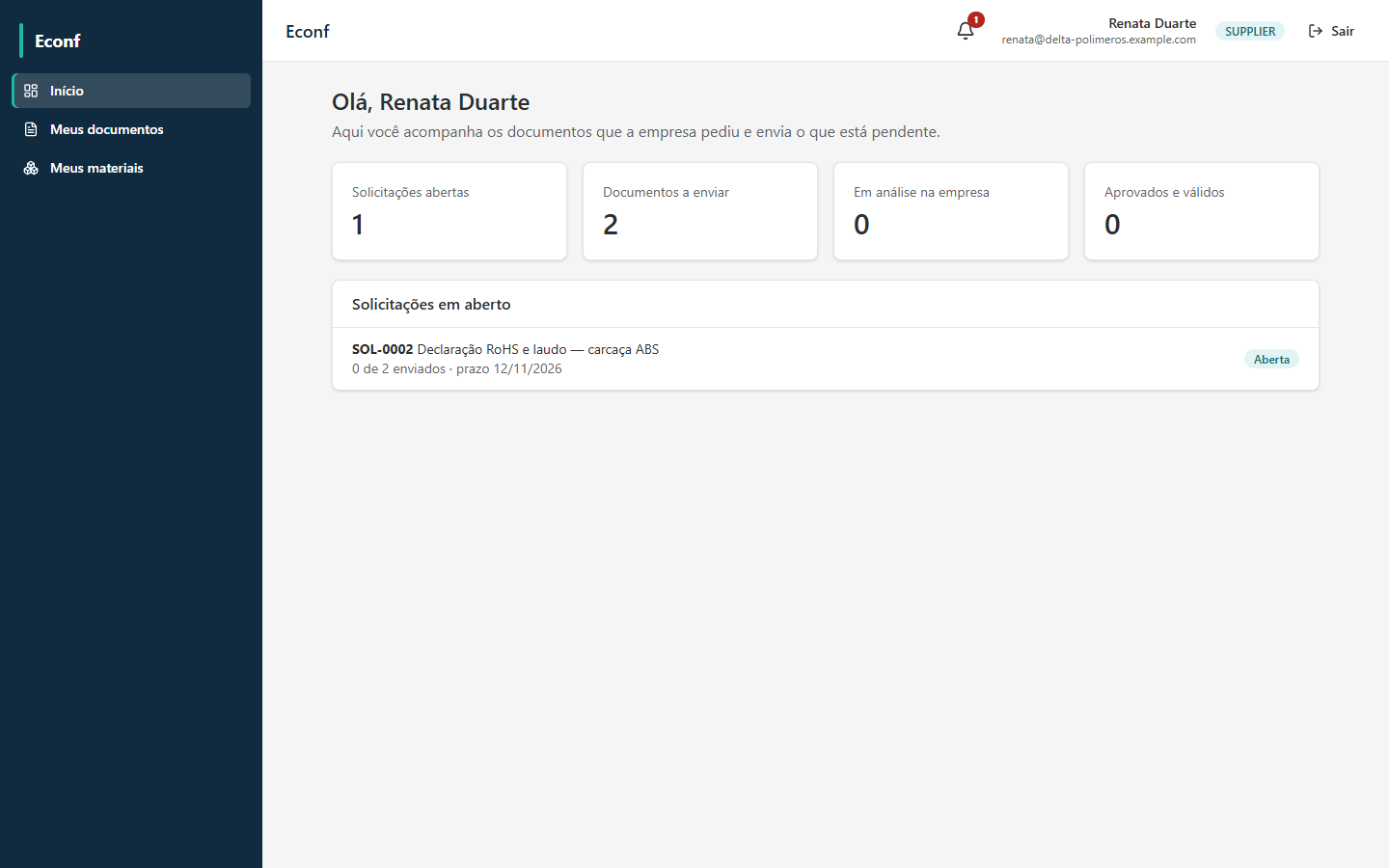 Início do portal do fornecedor, com solicitações abertas, documentos a enviar e documentos em análise.